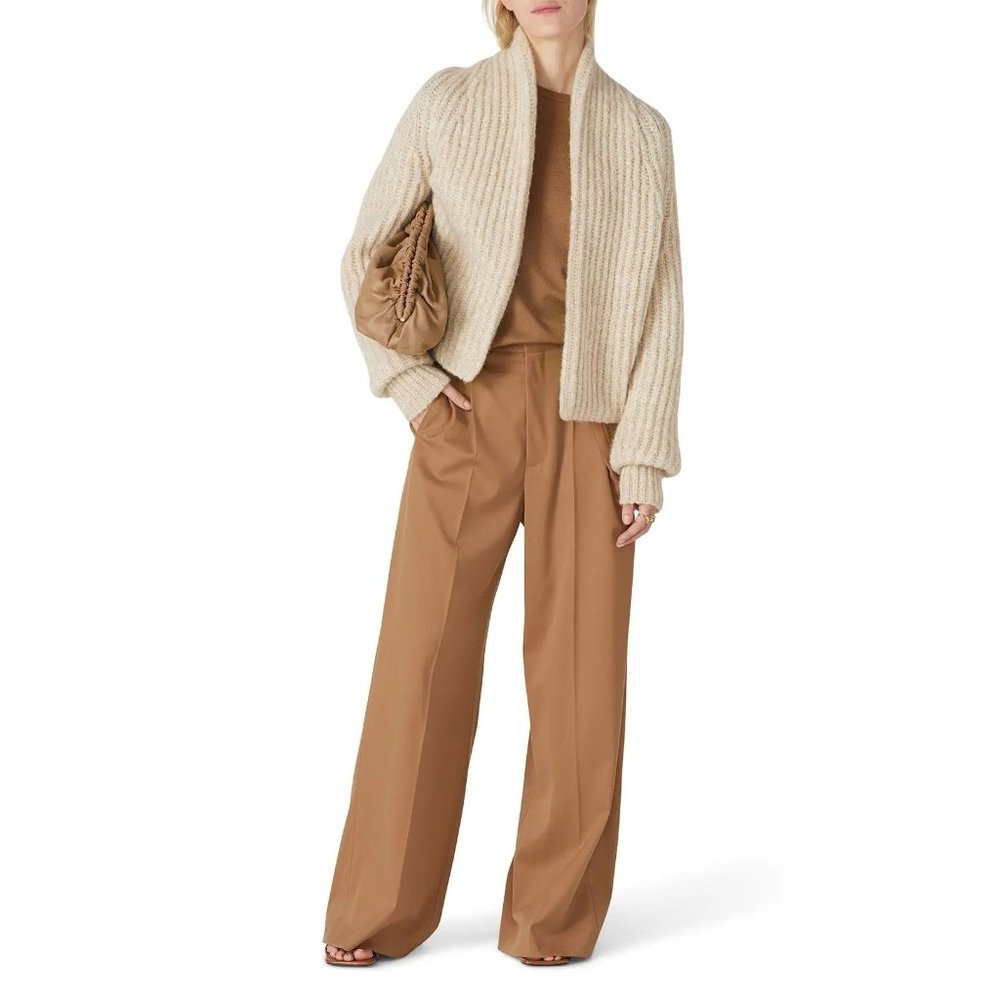 Vince Tan Cream Chunky Baby Alpaca Wool Knit Ribbed Cardigan Sweater Size S